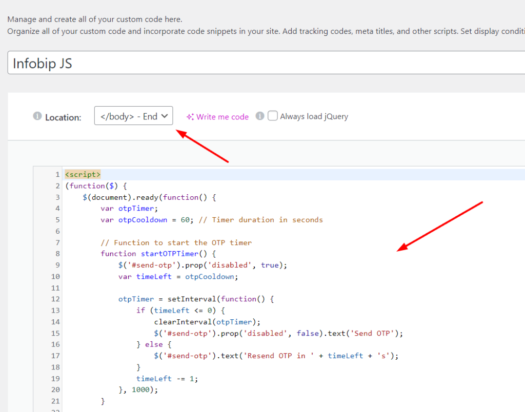 Adding JavaScript for Infobip SMS OTP verification via JetformBuilder