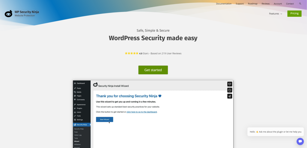 Security Ninja plugin interface showing results of 60+ security tests and site vulnerability assessments.