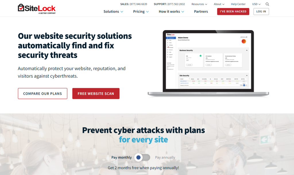 SiteLock plugin settings page showing automated cleaning options and hack prevention measures for WordPress security.