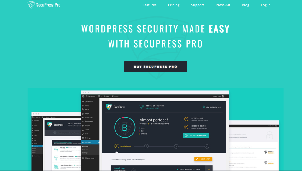 Scanning results displayed by SecuPress Plugin with options for file quarantine and malware removal actions.