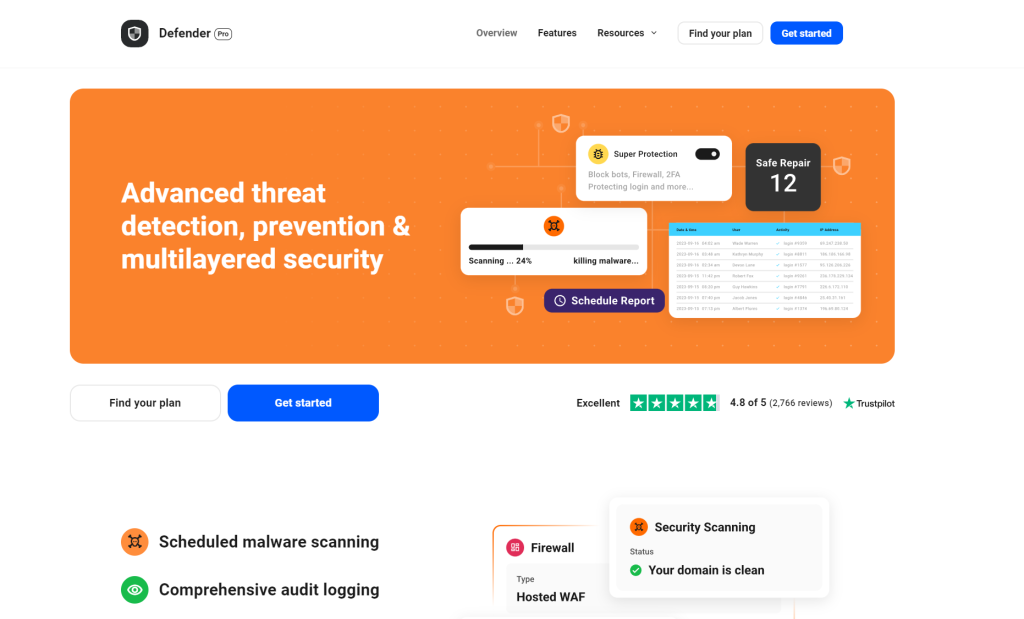 Defender Pro plugin security settings interface displaying options for preventing brute force attacks and SQL injections.