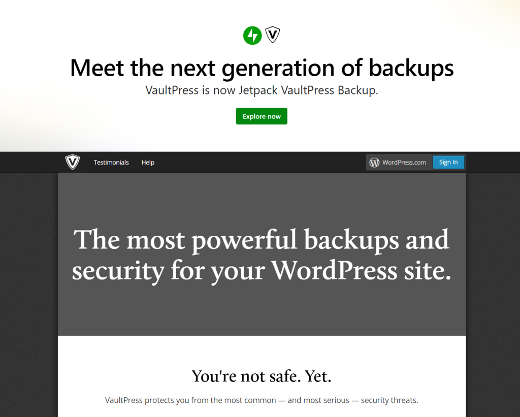 VaultPress dashboard showing complete scanning, virus detection features, and WordPress site backup options.
