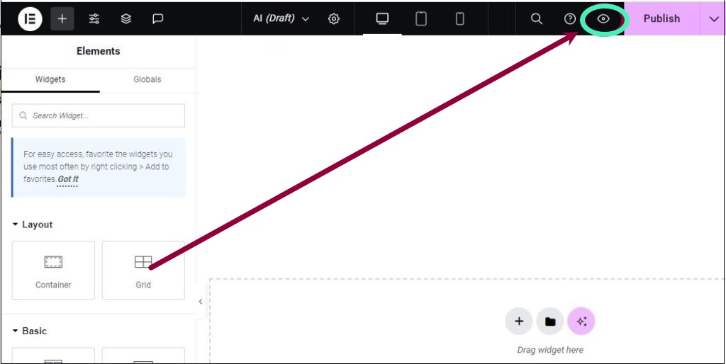 Elementor editor preview eye icon used with Preview Settings for a product template