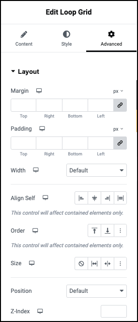 Elementor Advanced tab for overlay link and z-index on a clickable loop card