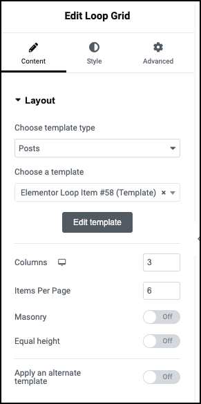 Elementor Loop Grid Content Layout settings for a CPT archive