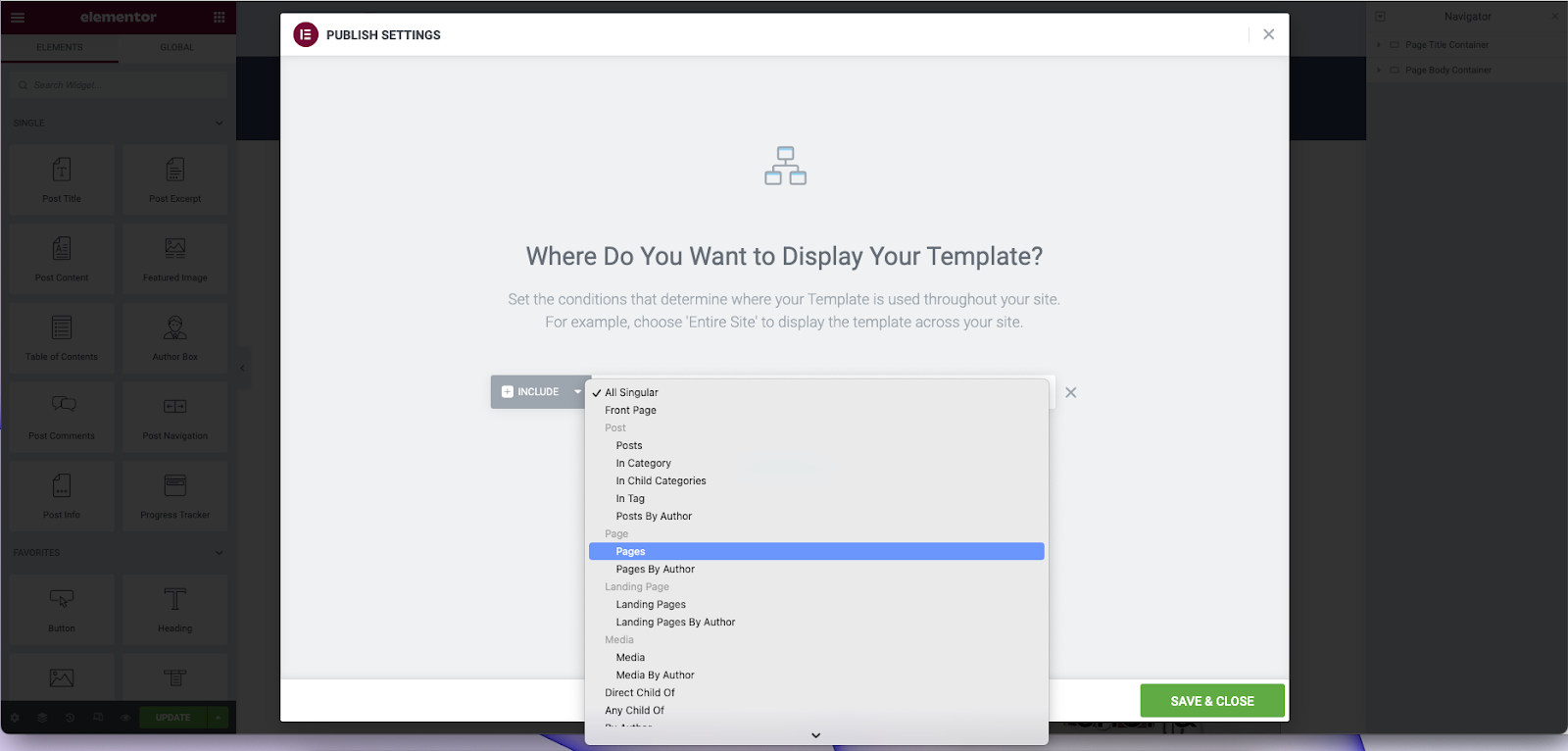 Elementor display conditions panel for a Single Product template