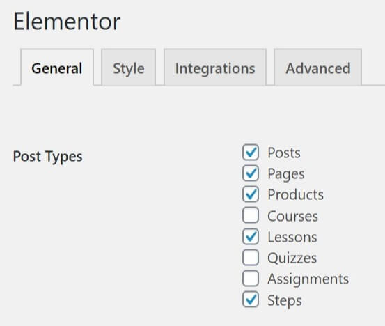 Custom post type Elementor support in WordPress CPT settings