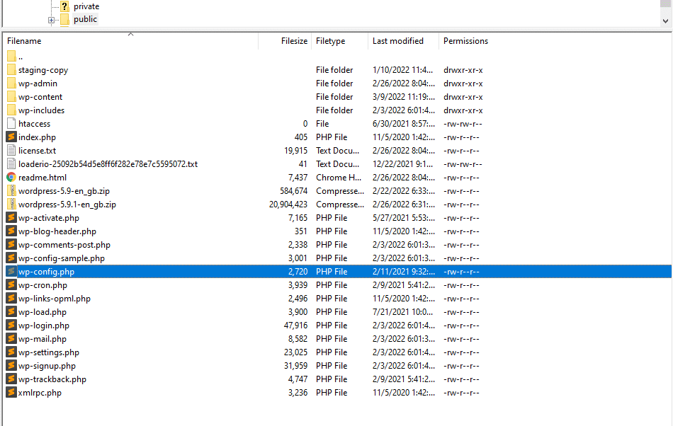 wp-config.php in file manager where WP_DEBUG is enabled for white screen of death