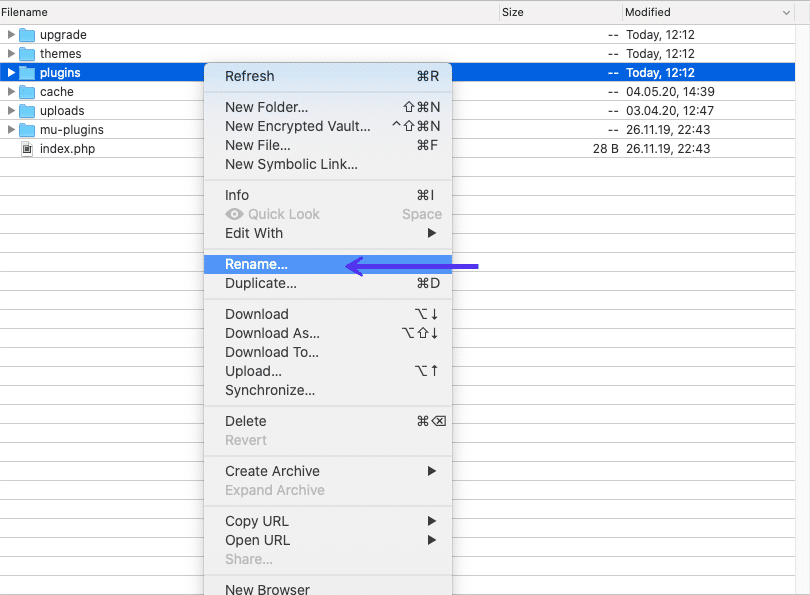 Plugins folder renamed via FTP to fix WordPress white screen of death